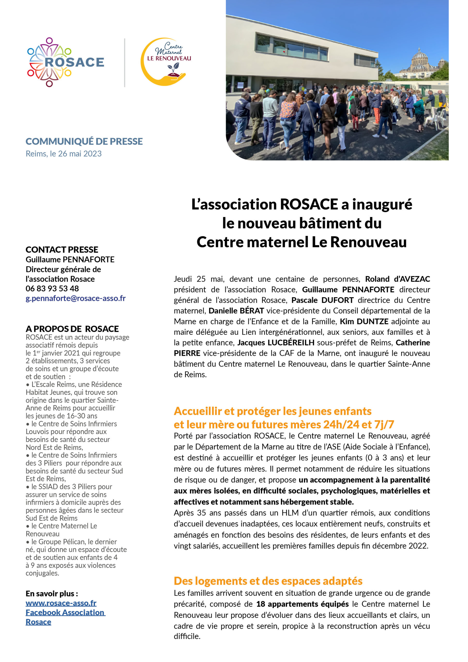L’association Rosace a inauguré le nouveau bâtiment du Centre maternel Le Renouveau